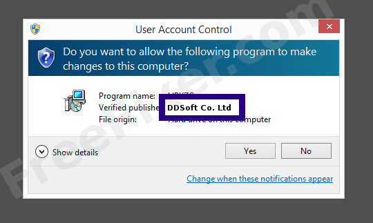 Screenshot where DDSoft Co. Ltd appears as the verified publisher in the UAC dialog